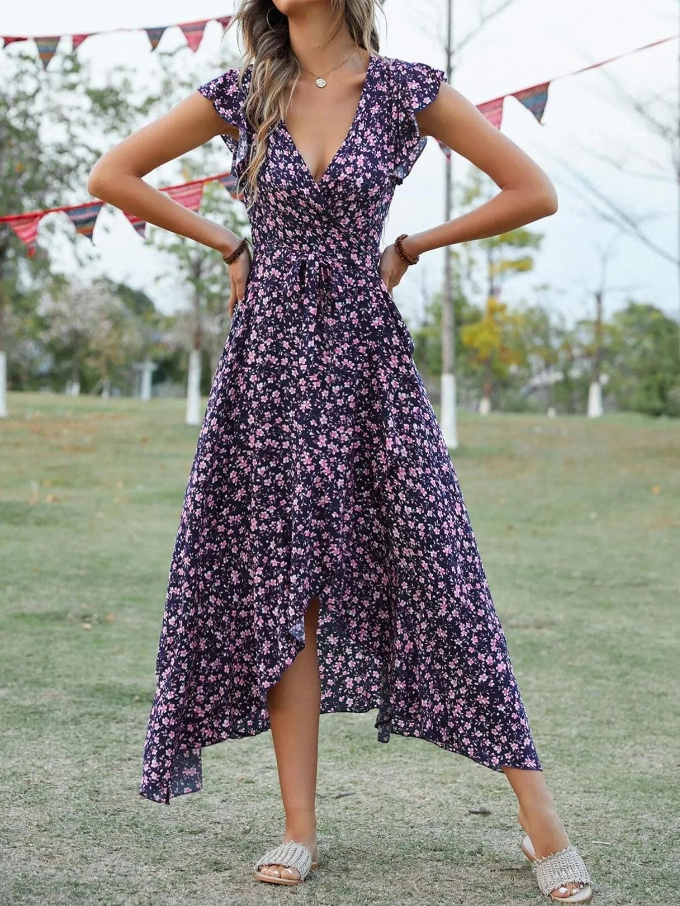 Printed Surplice Ruffle Sleeve Dress - MAD RUFFI