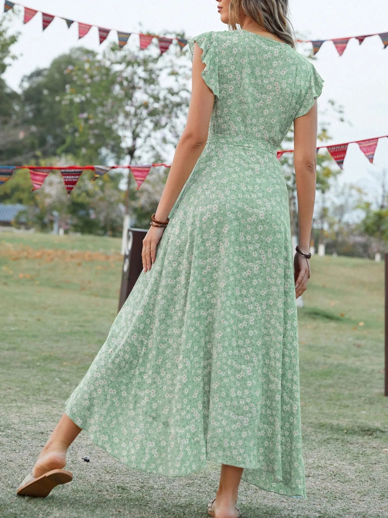 Printed Surplice Ruffle Sleeve Dress - MAD RUFFI