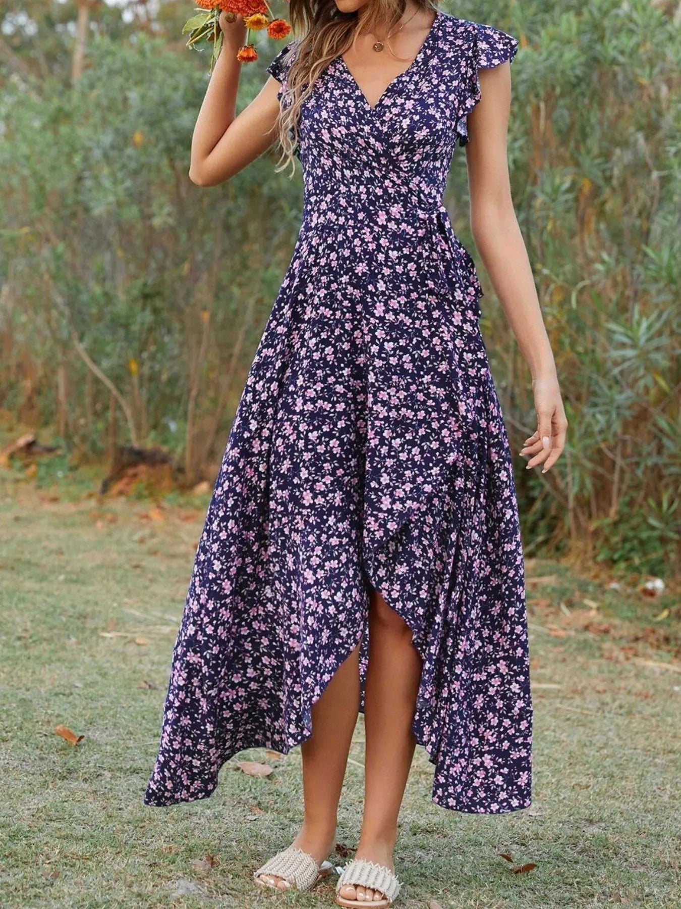 Printed Surplice Ruffle Sleeve Dress - MAD RUFFI