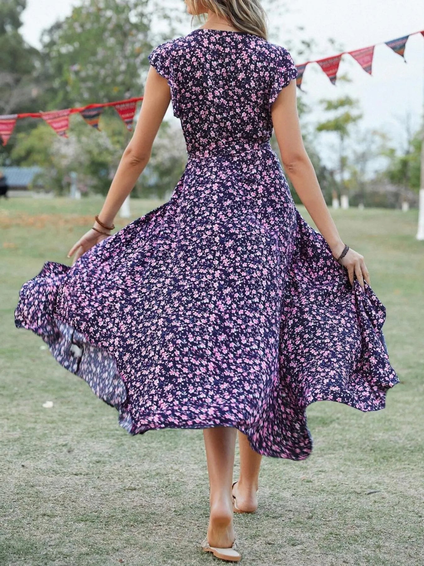 Printed Surplice Ruffle Sleeve Dress - MAD RUFFI