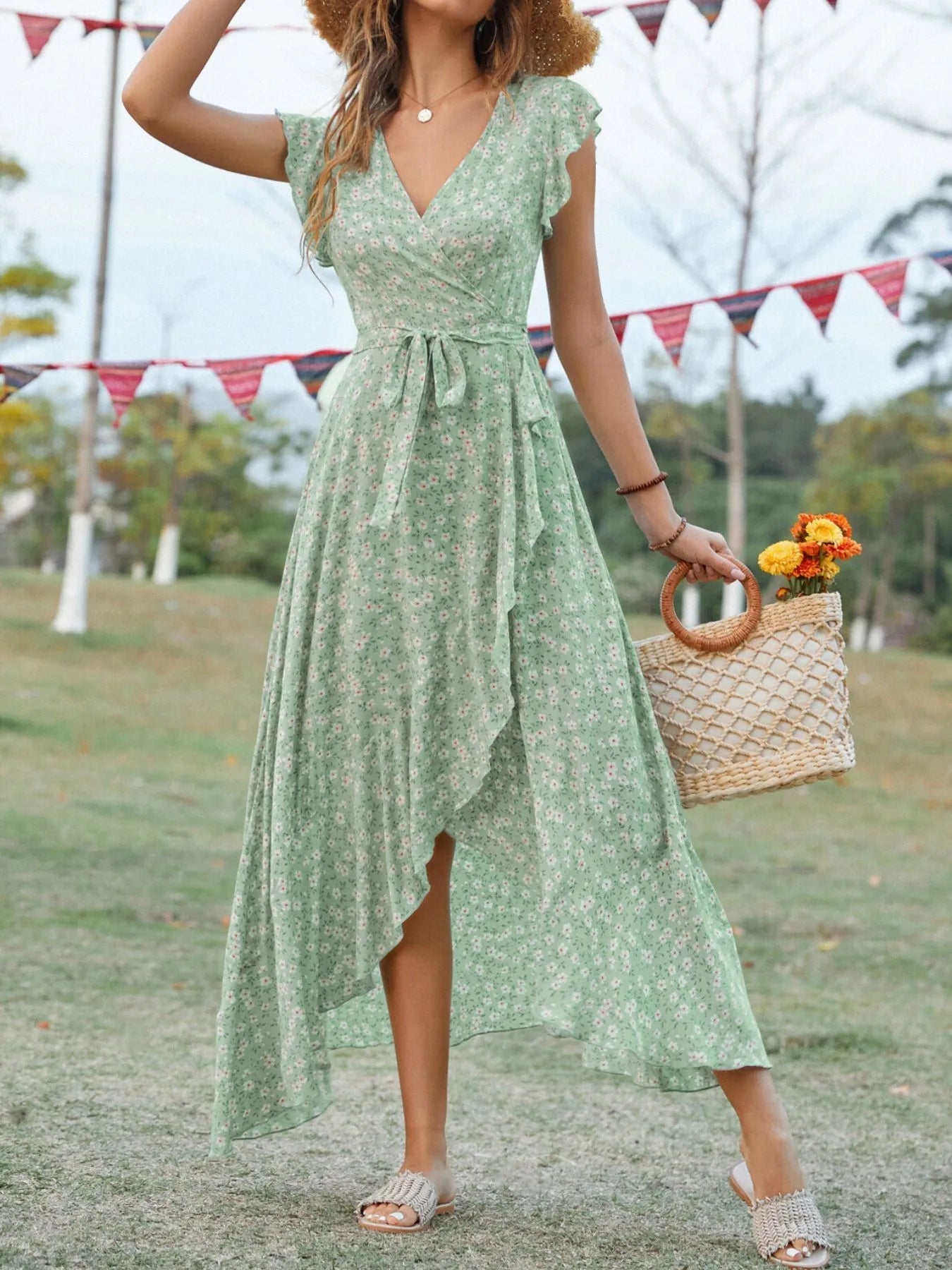 Printed Surplice Ruffle Sleeve Dress - MAD RUFFI