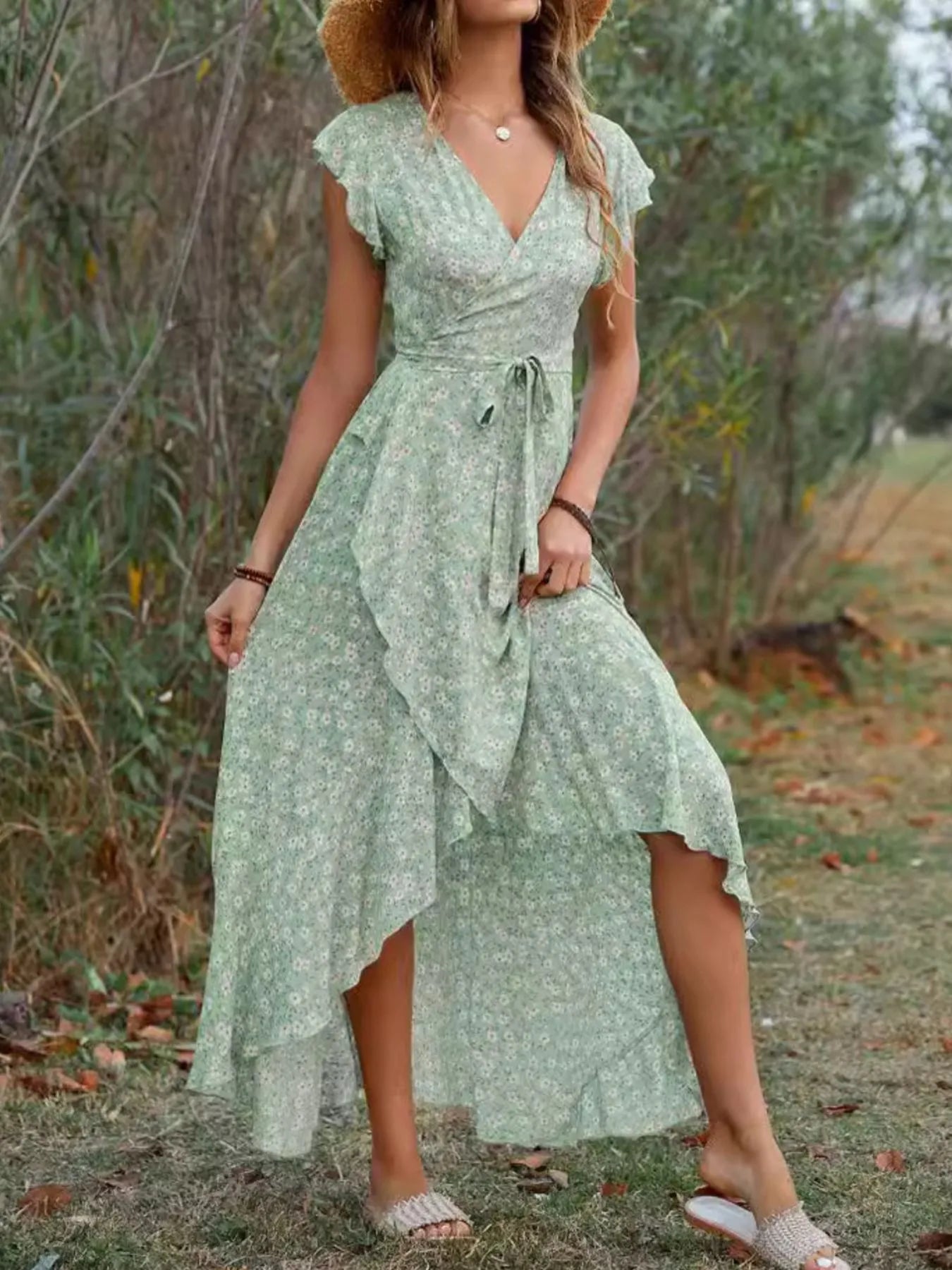 Printed Surplice Ruffle Sleeve Dress - MAD RUFFI