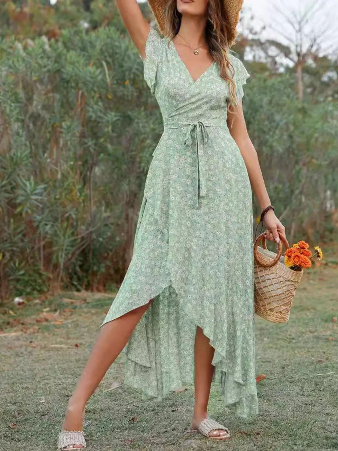 Printed Surplice Ruffle Sleeve Dress - MAD RUFFI