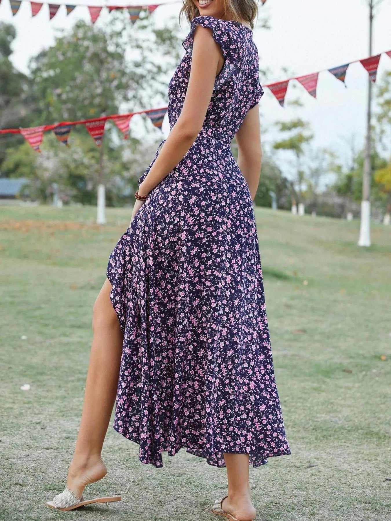 Printed Surplice Ruffle Sleeve Dress - MAD RUFFI