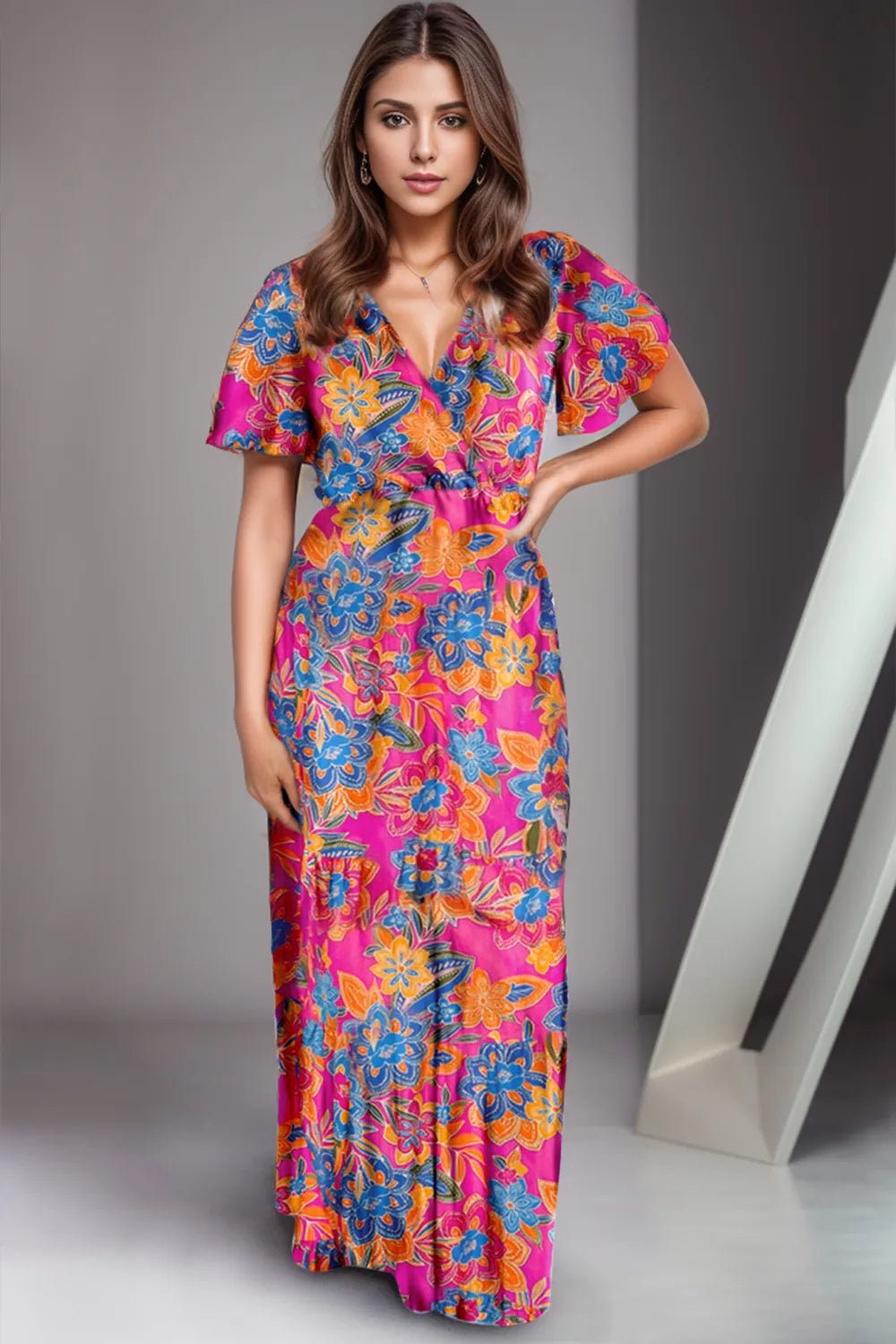 Printed Surplice Short Sleeve Maxi Dress - MAD RUFFI