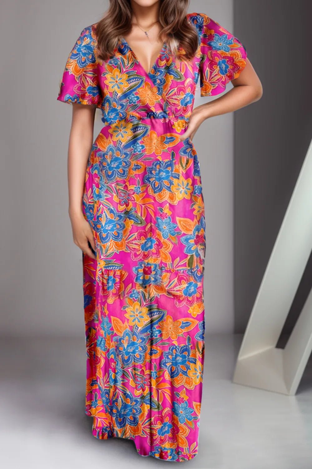 Printed Surplice Short Sleeve Maxi Dress - MAD RUFFI