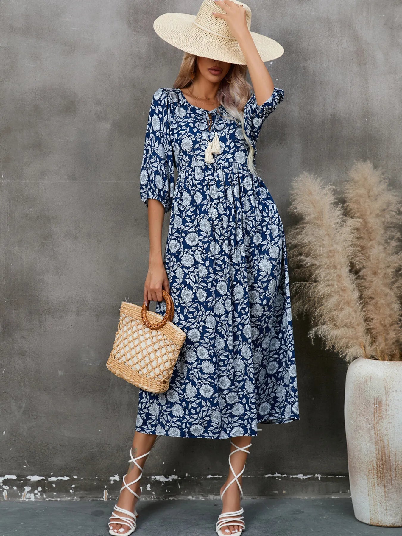 Printed Tie Neck Midi Dress - MAD RUFFI