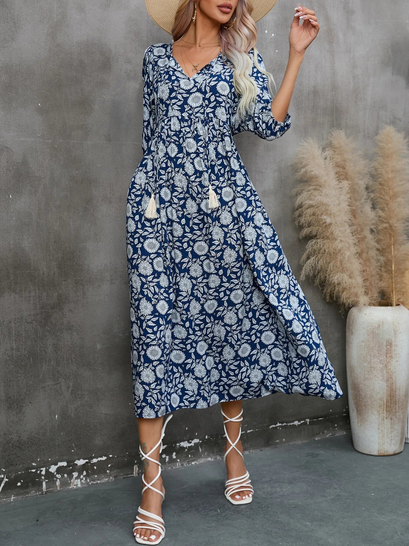 Printed Tie Neck Midi Dress - MAD RUFFI