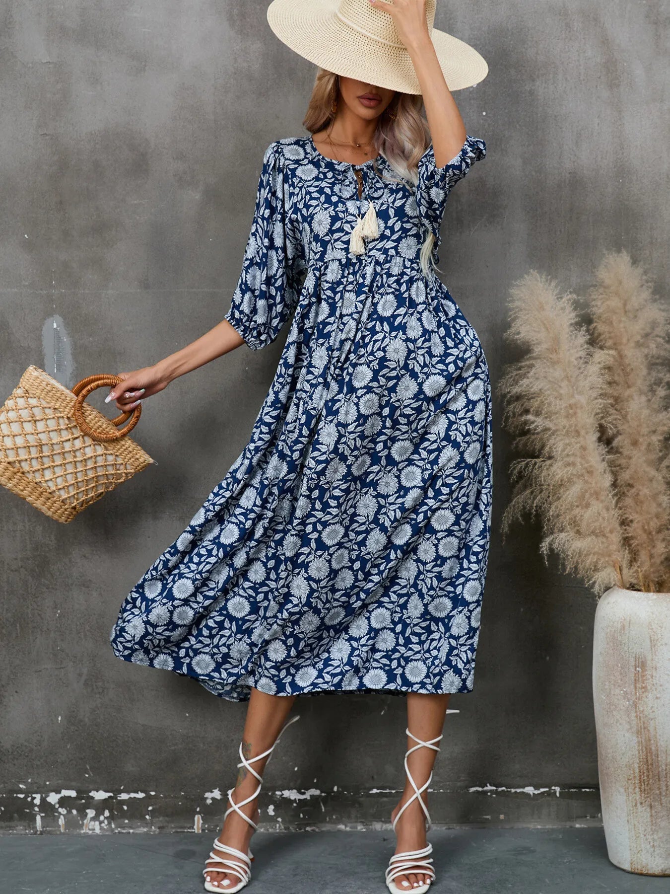 Printed Tie Neck Midi Dress - MAD RUFFI