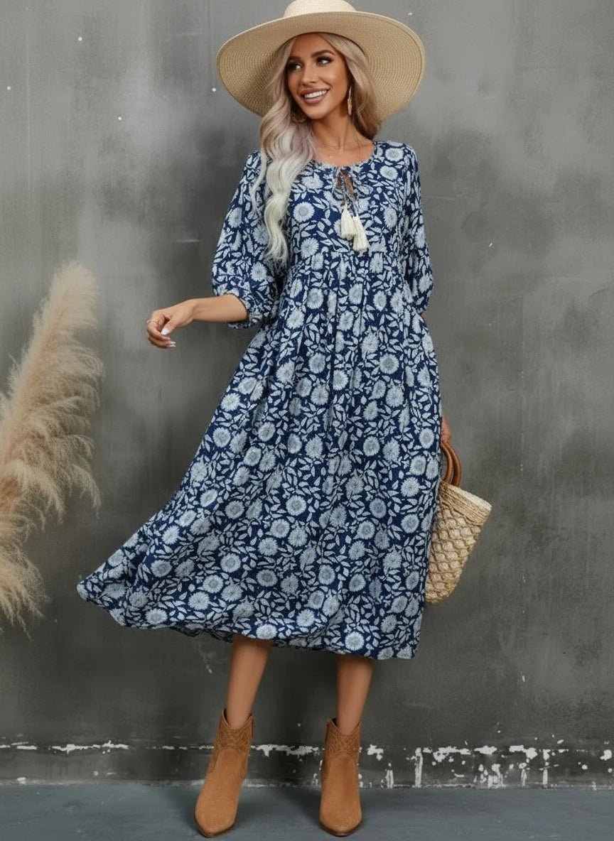 Printed Tie Neck Midi Dress - MAD RUFFI