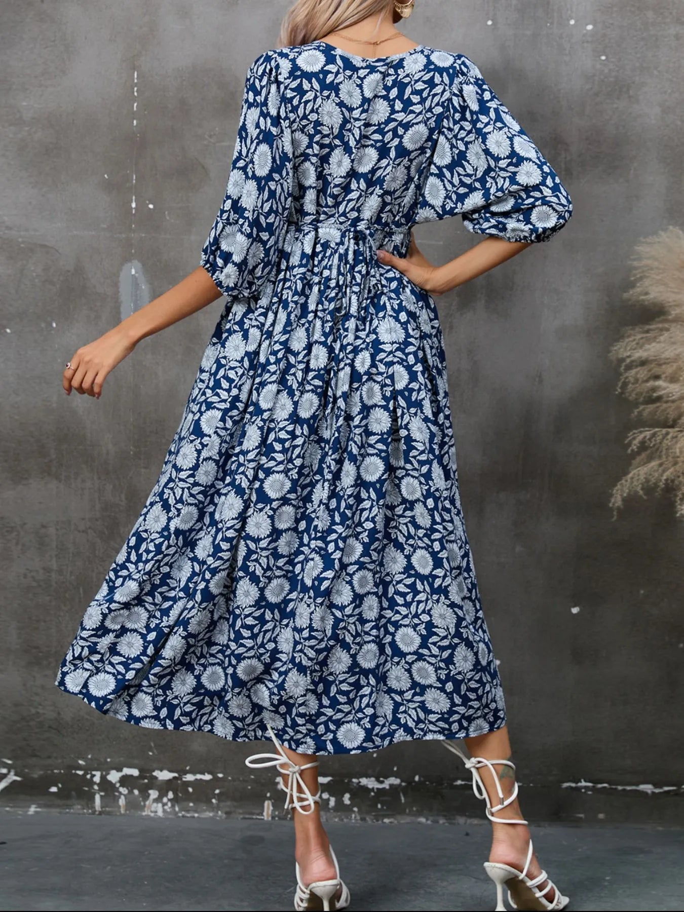 Printed Tie Neck Midi Dress - MAD RUFFI