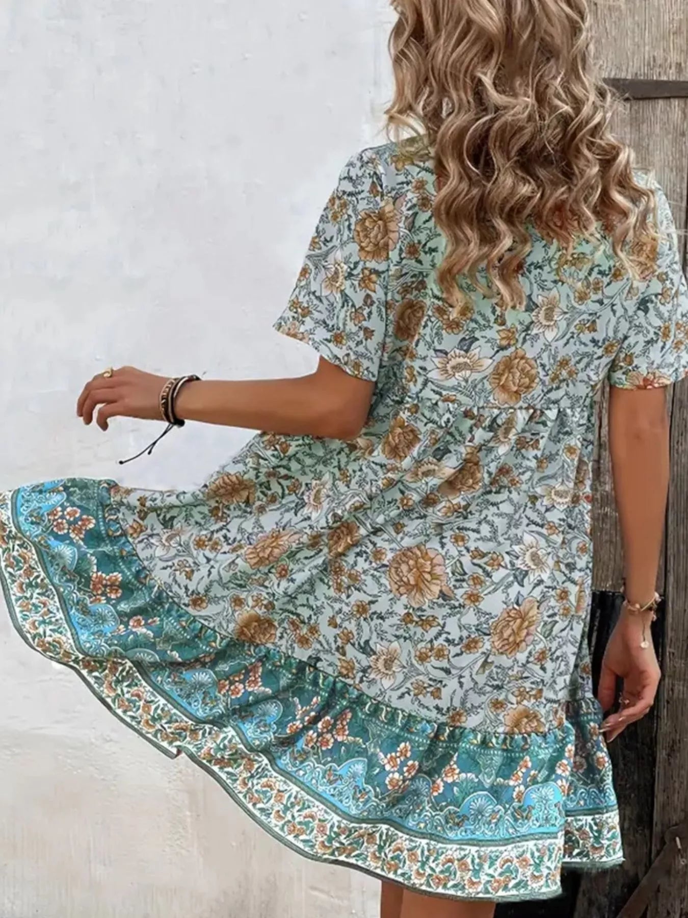 Printed Tie Neck Short Sleeve Mini Dress - MAD RUFFI