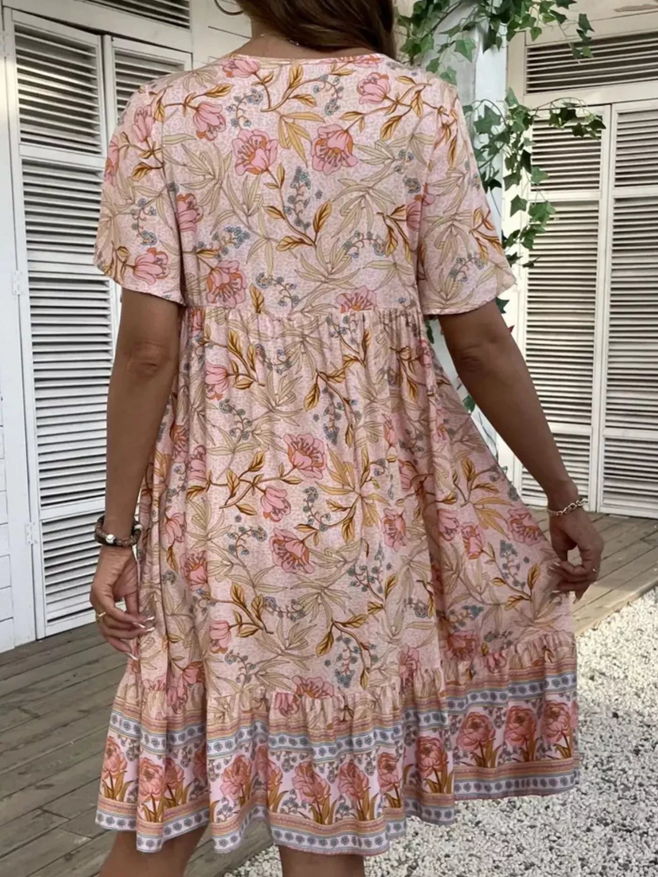 Printed Tie Neck Short Sleeve Mini Dress - MAD RUFFI