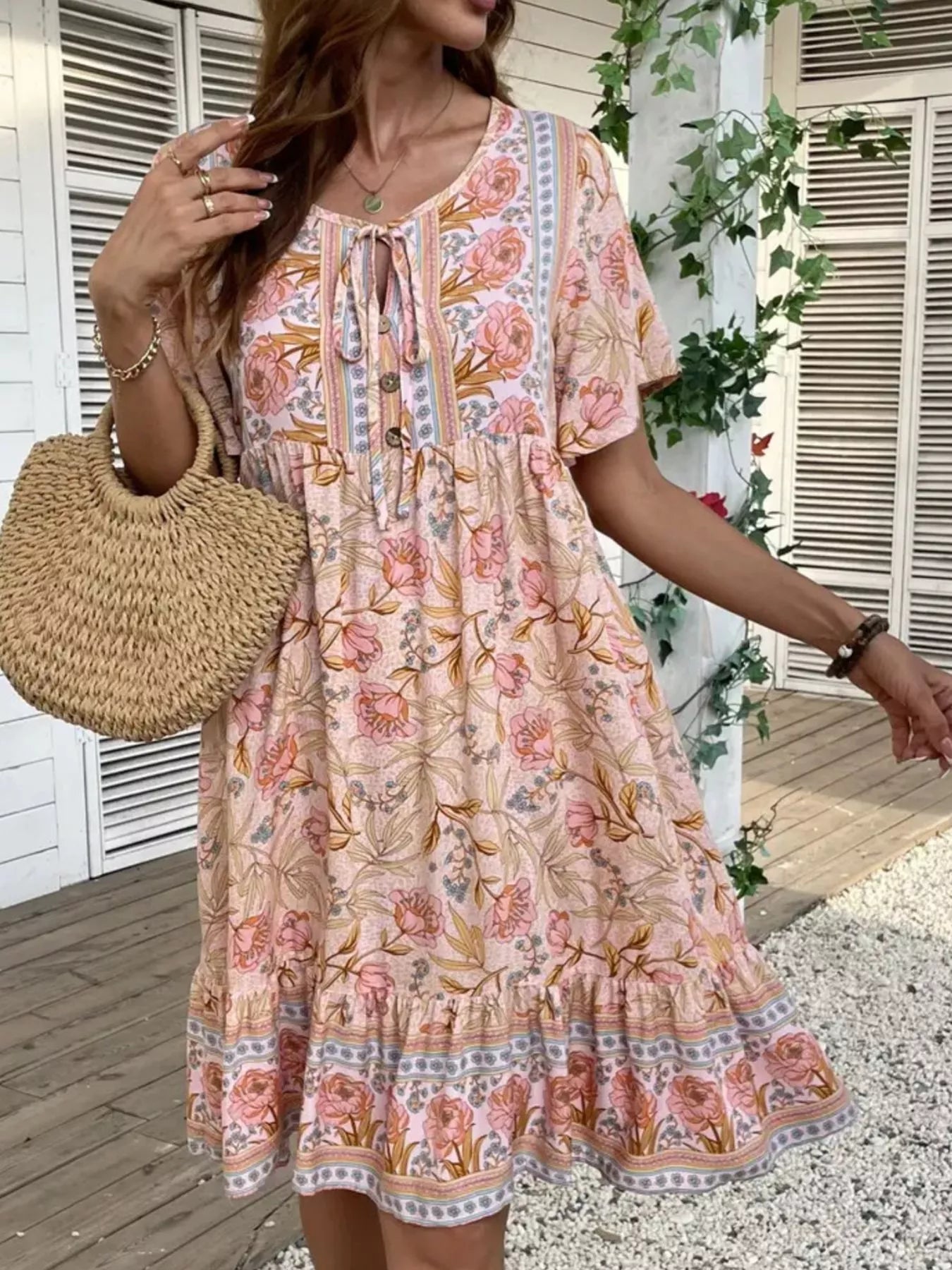 Printed Tie Neck Short Sleeve Mini Dress - MAD RUFFI