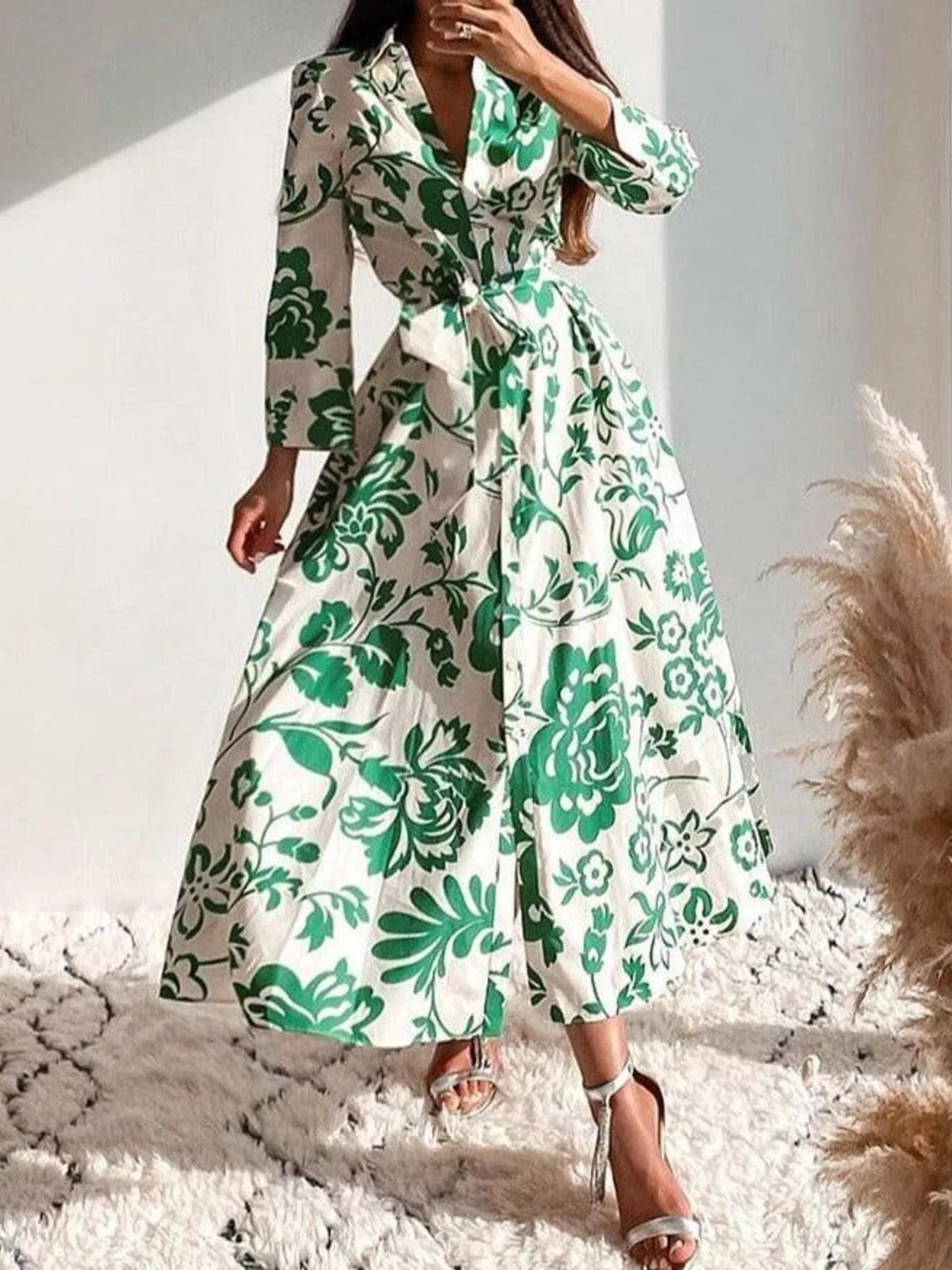 Printed Tie Waist Shirt Dress - MAD RUFFI