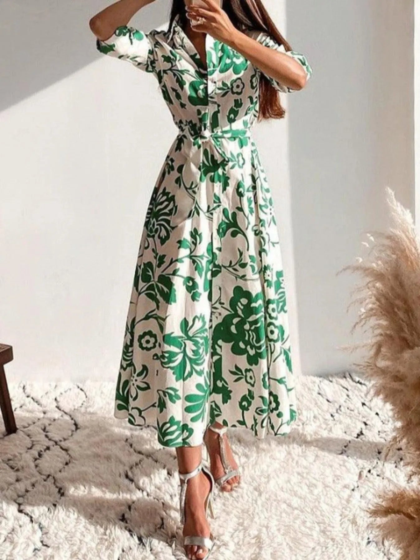 Printed Tie Waist Shirt Dress - MAD RUFFI