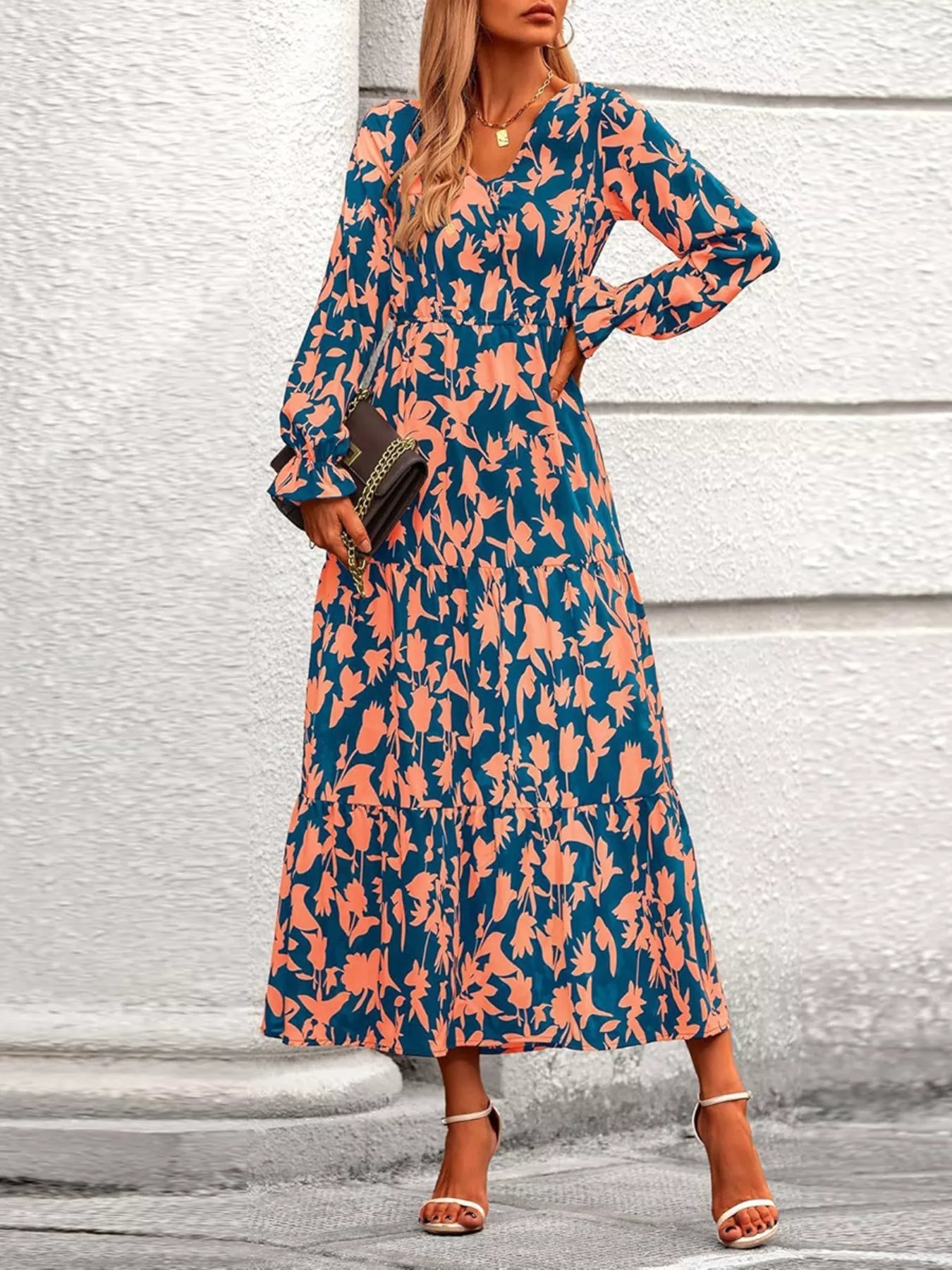 Printed V - Neck Flounce Sleeve Tiered Midi Dress - MAD RUFFI