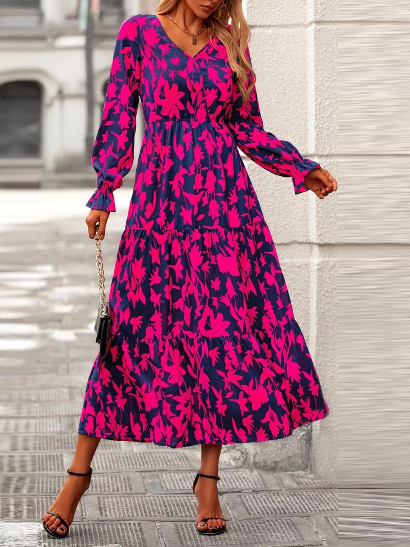 Printed V - Neck Flounce Sleeve Tiered Midi Dress - MAD RUFFI