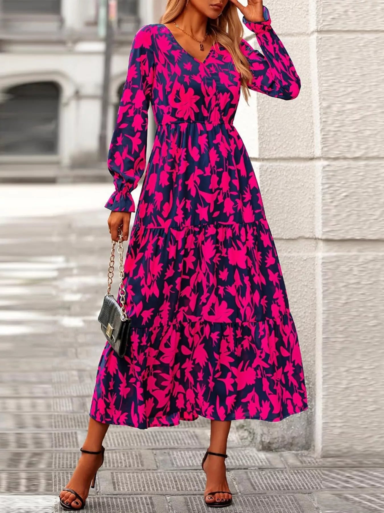 Printed V - Neck Flounce Sleeve Tiered Midi Dress - MAD RUFFI