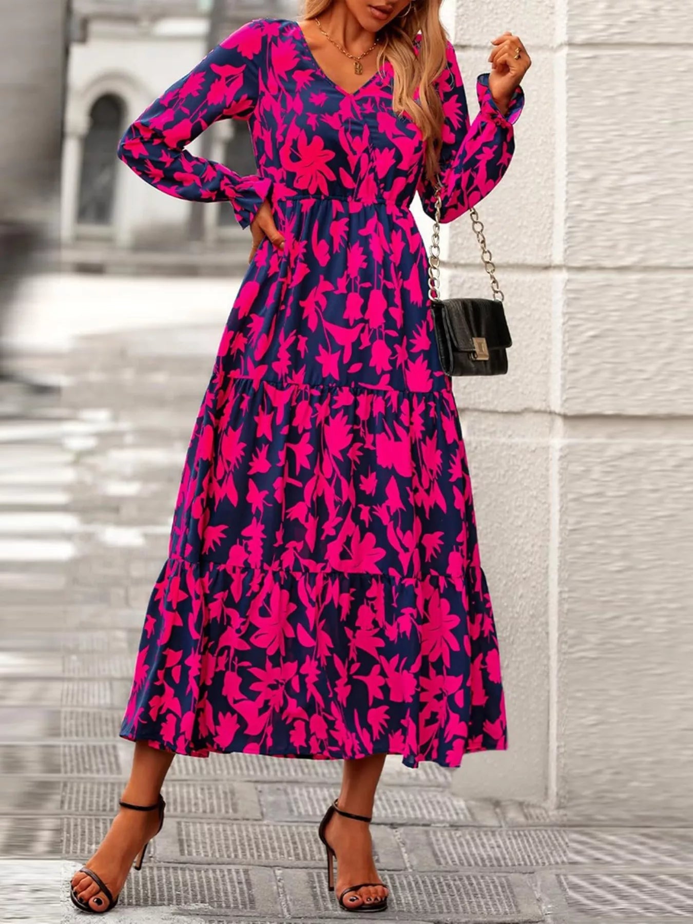 Printed V - Neck Flounce Sleeve Tiered Midi Dress - MAD RUFFI
