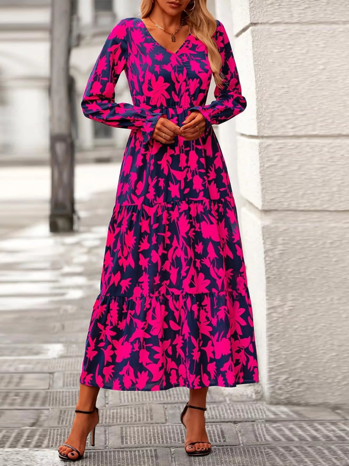 Printed V - Neck Flounce Sleeve Tiered Midi Dress - MAD RUFFI