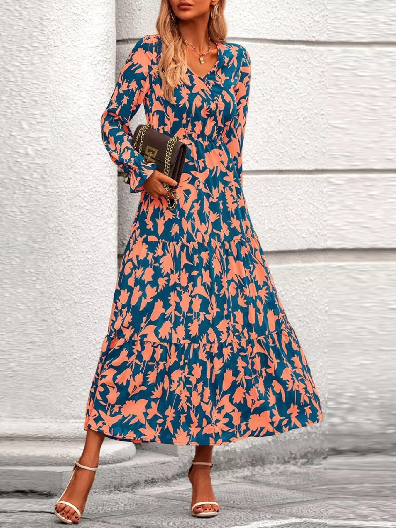Printed V - Neck Flounce Sleeve Tiered Midi Dress - MAD RUFFI