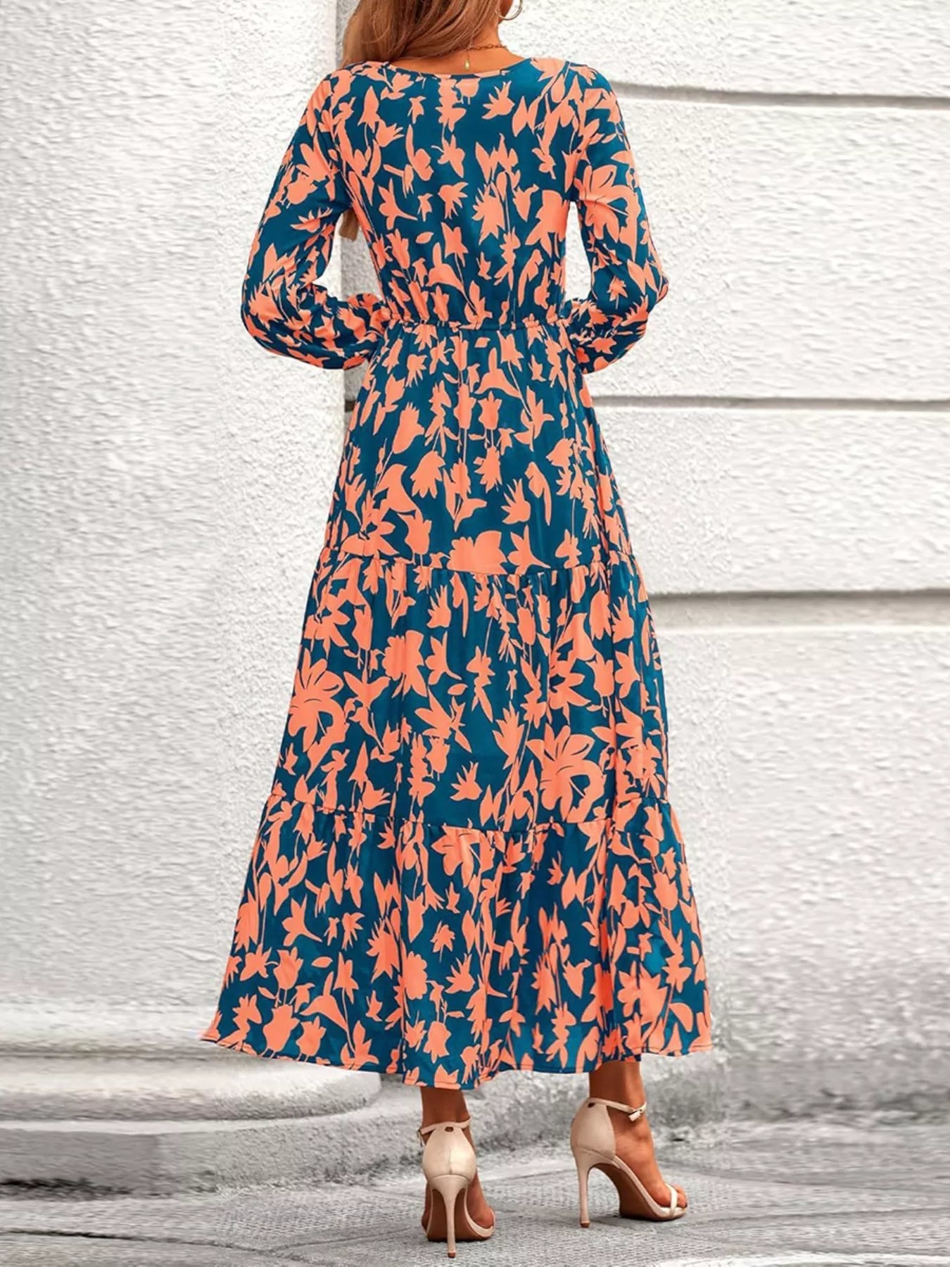 Printed V - Neck Flounce Sleeve Tiered Midi Dress - MAD RUFFI