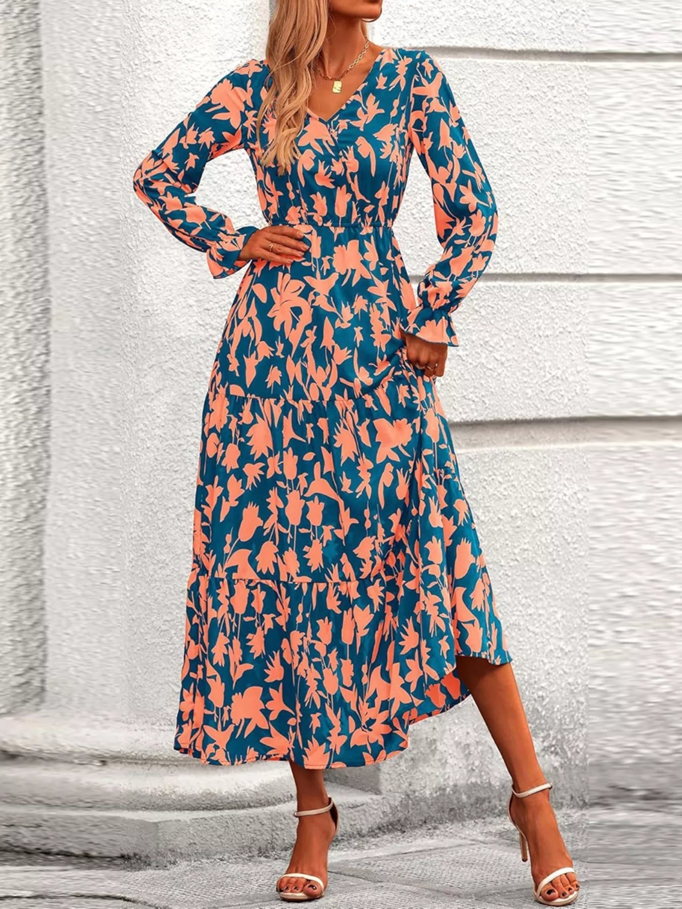 Printed V - Neck Flounce Sleeve Tiered Midi Dress - MAD RUFFI