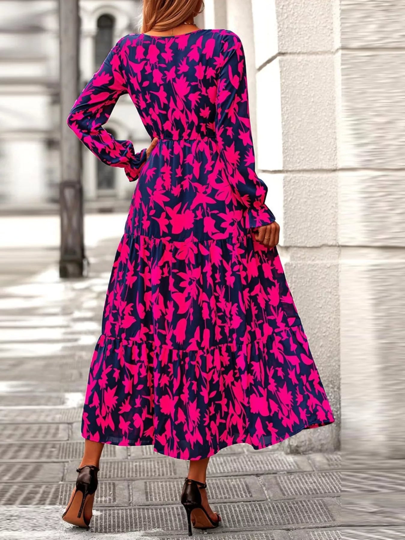 Printed V - Neck Flounce Sleeve Tiered Midi Dress - MAD RUFFI