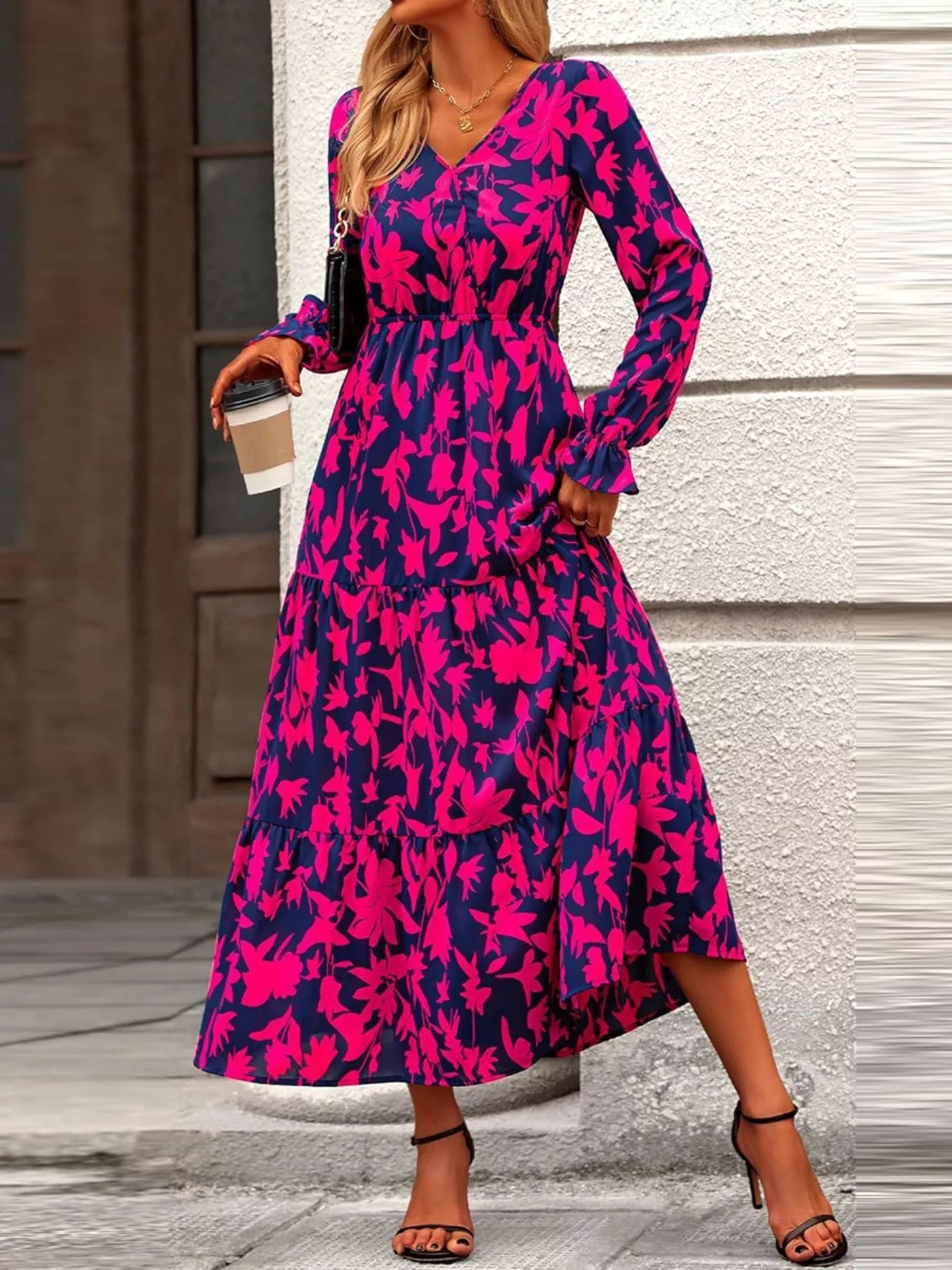 Printed V - Neck Flounce Sleeve Tiered Midi Dress - MAD RUFFI