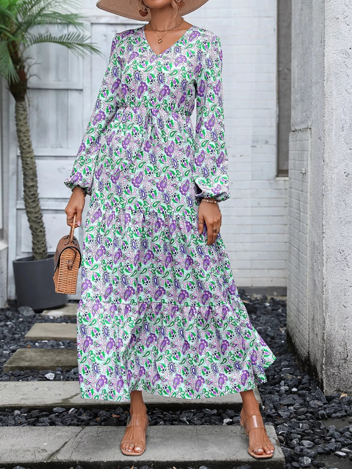 Printed V - Neck Long Sleeve Dress - MAD RUFFI