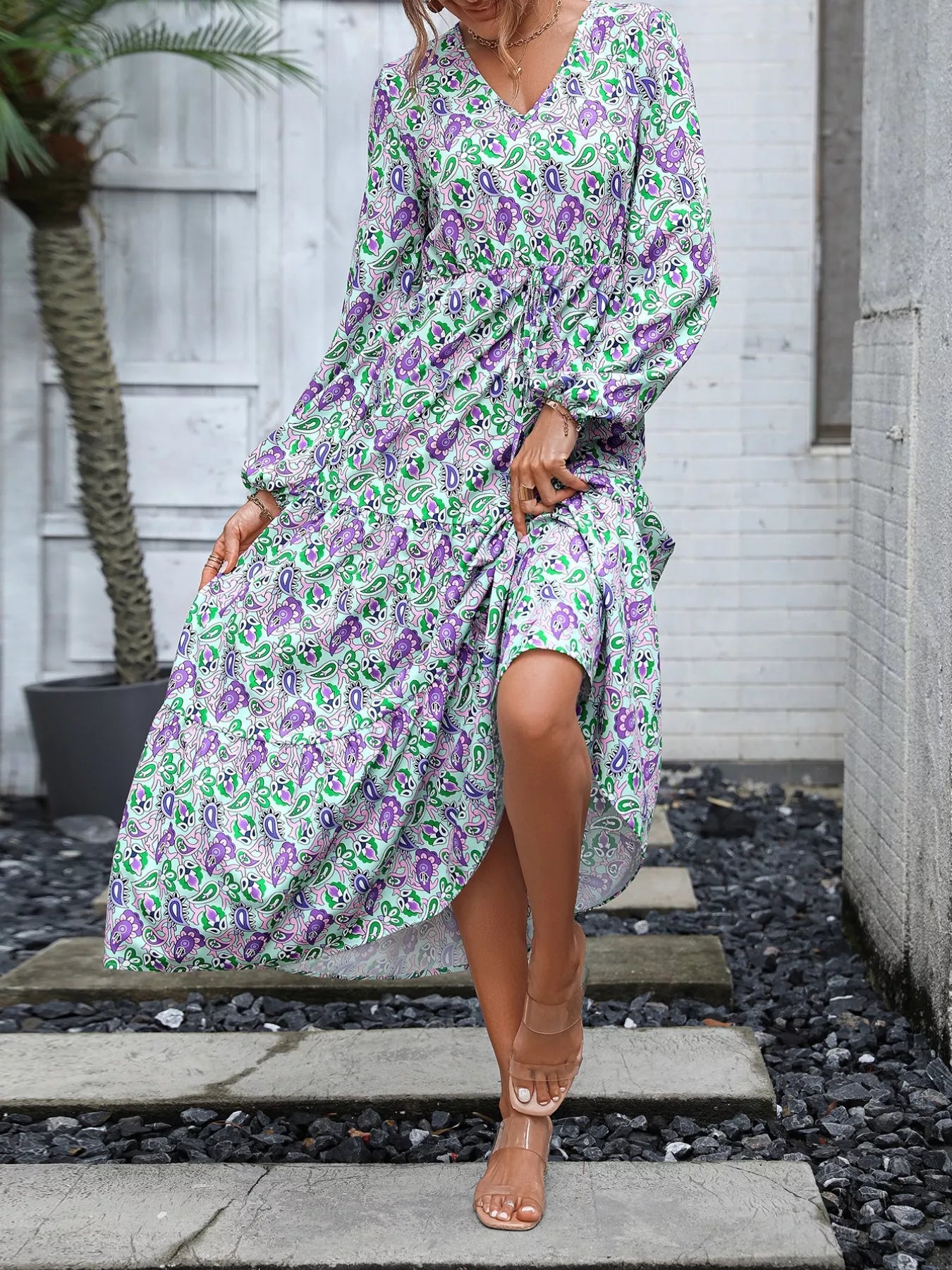 Printed V - Neck Long Sleeve Dress - MAD RUFFI