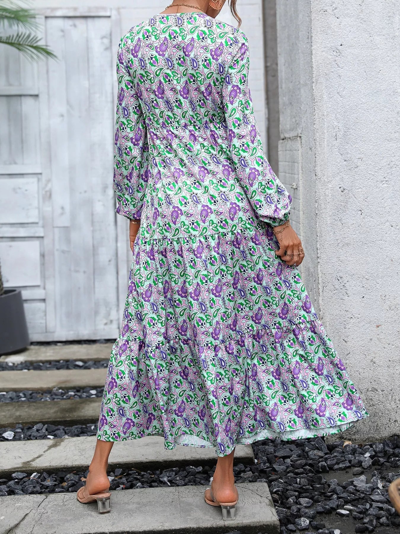 Printed V - Neck Long Sleeve Dress - MAD RUFFI