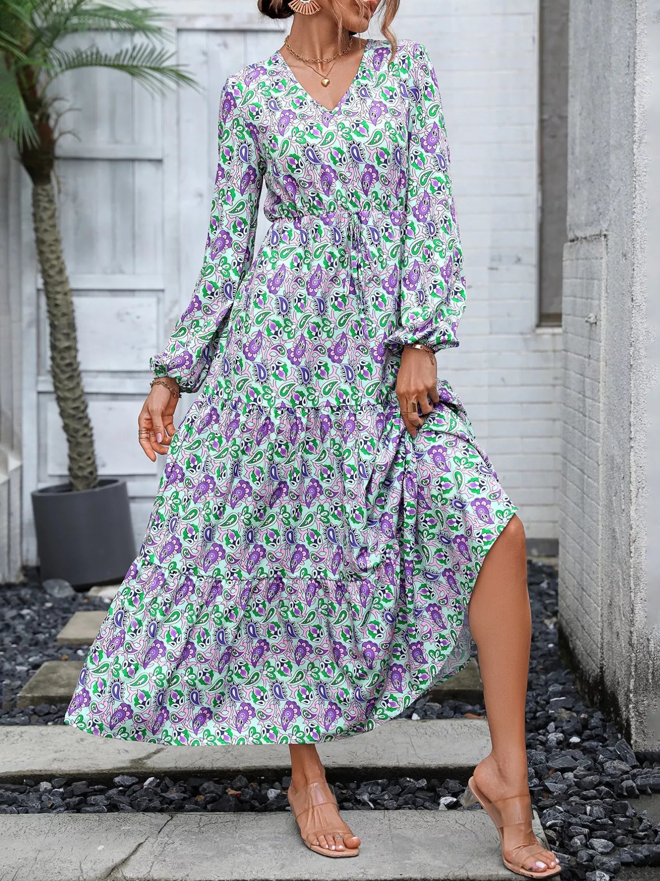 Printed V - Neck Long Sleeve Dress - MAD RUFFI