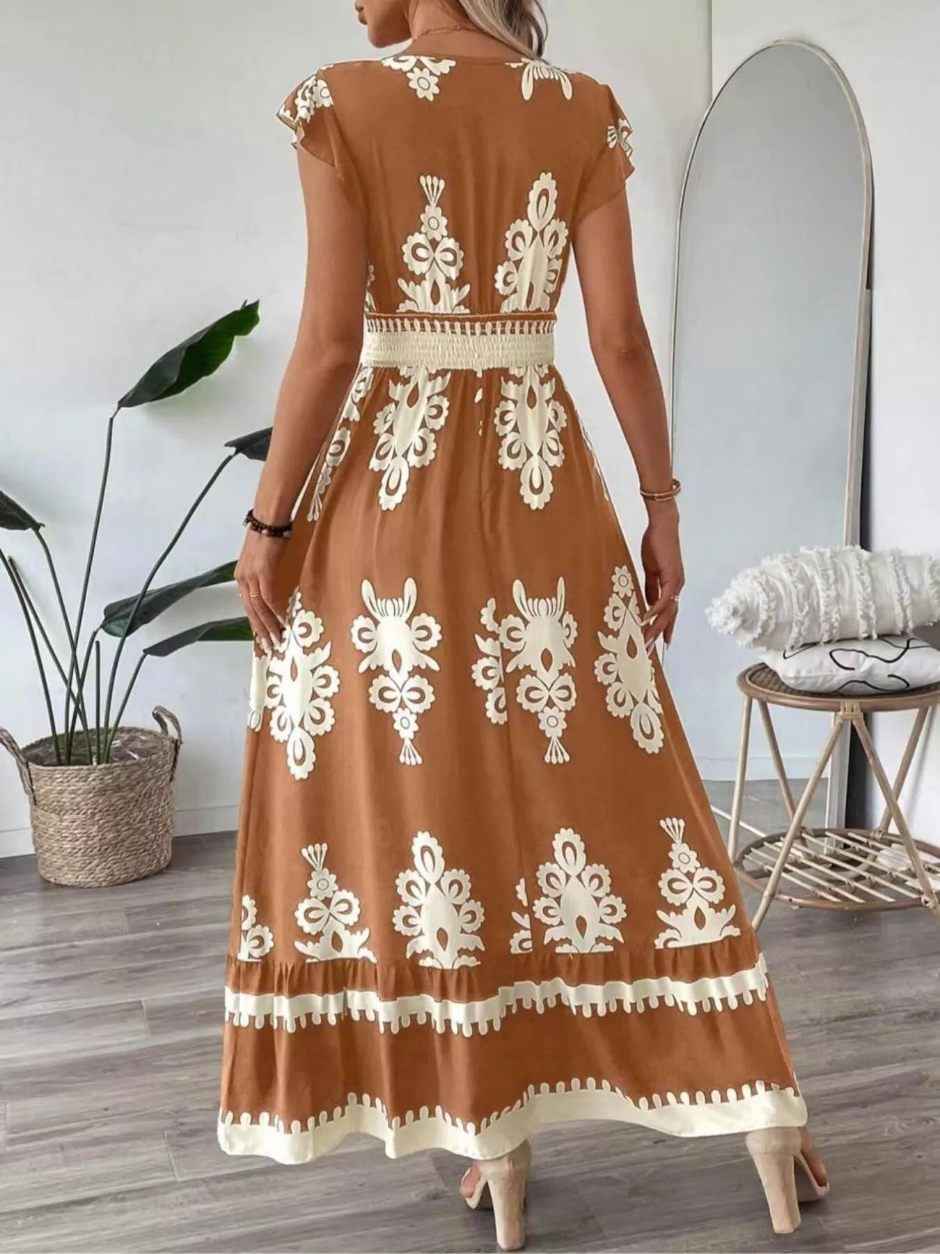 Printed V - Neck Ruffled Cap Sleeve Dress - MAD RUFFI