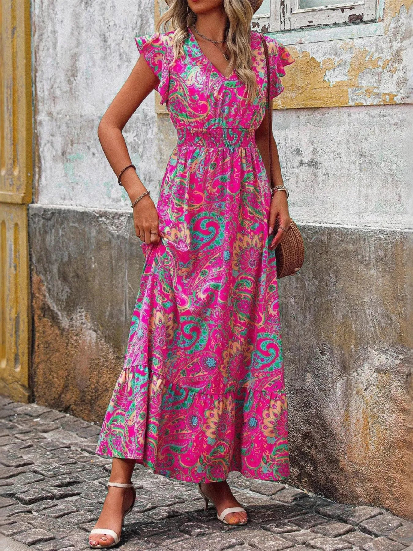 Printed V - Neck Ruffled Cap Sleeve Maxi Dress - MAD RUFFI
