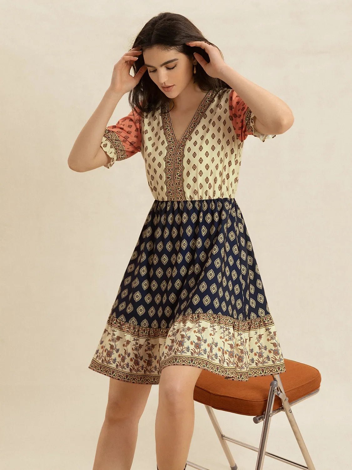 Printed V - Neck Short Sleeve Dress - MAD RUFFI
