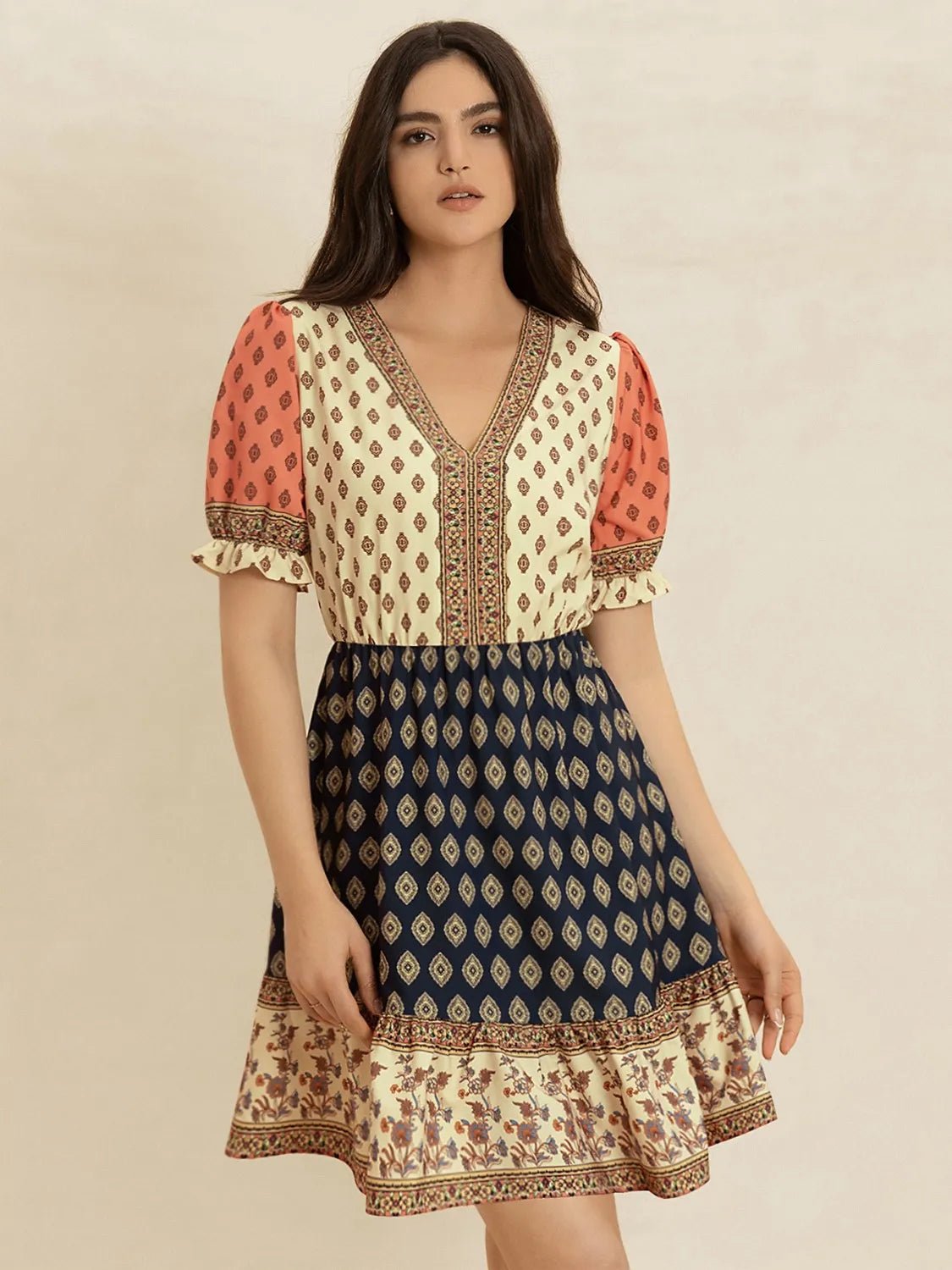Printed V - Neck Short Sleeve Dress - MAD RUFFI