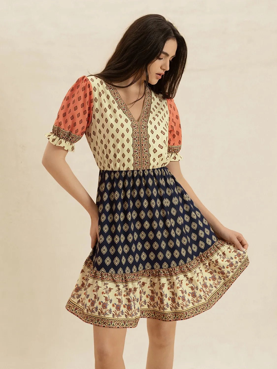 Printed V - Neck Short Sleeve Dress - MAD RUFFI