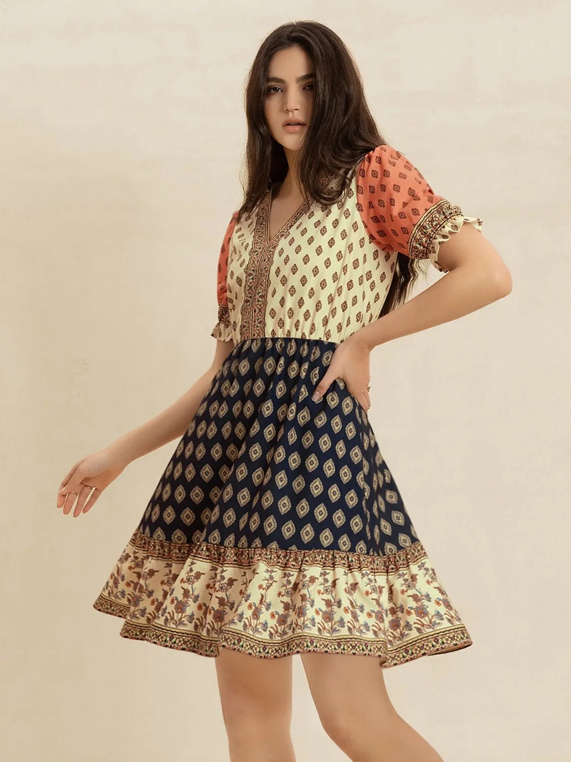 Printed V - Neck Short Sleeve Dress - MAD RUFFI