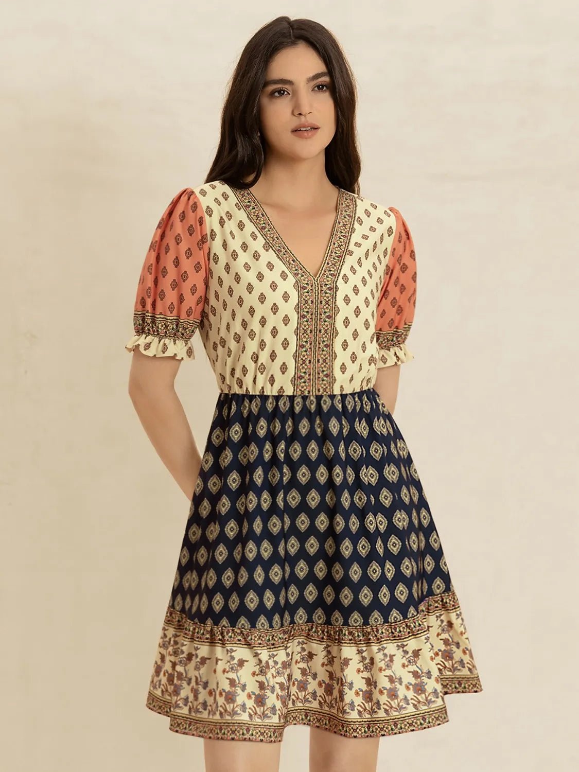 Printed V - Neck Short Sleeve Dress - MAD RUFFI