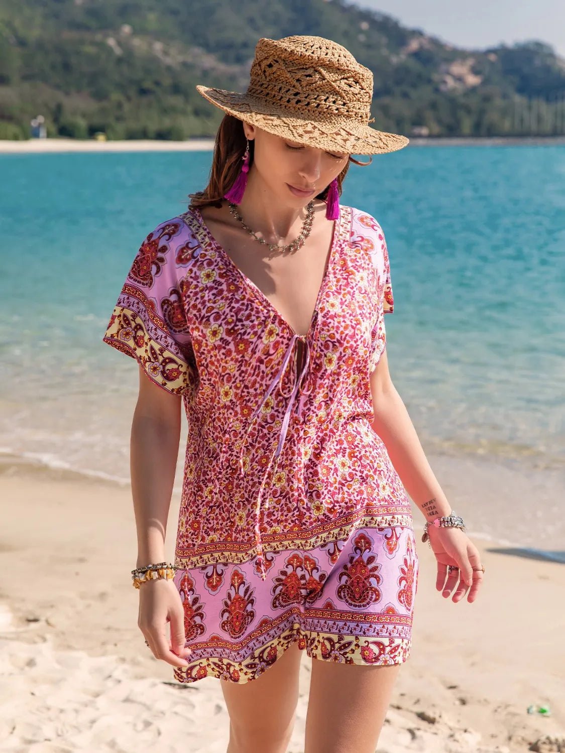 Printed V - Neck Short Sleeve Romper - MAD RUFFI