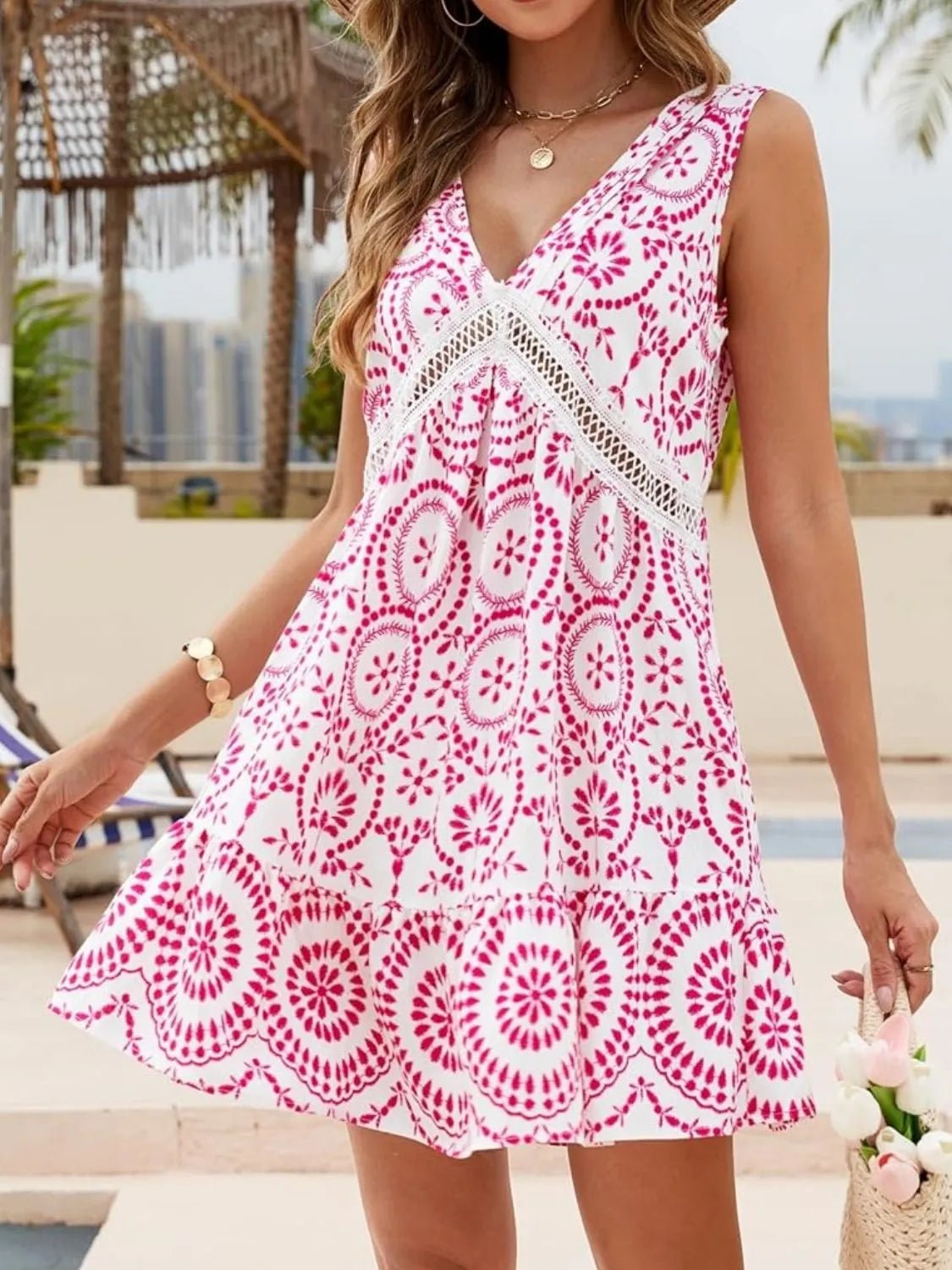 Printed V - Neck Sleeveless Mini Dress - MAD RUFFI