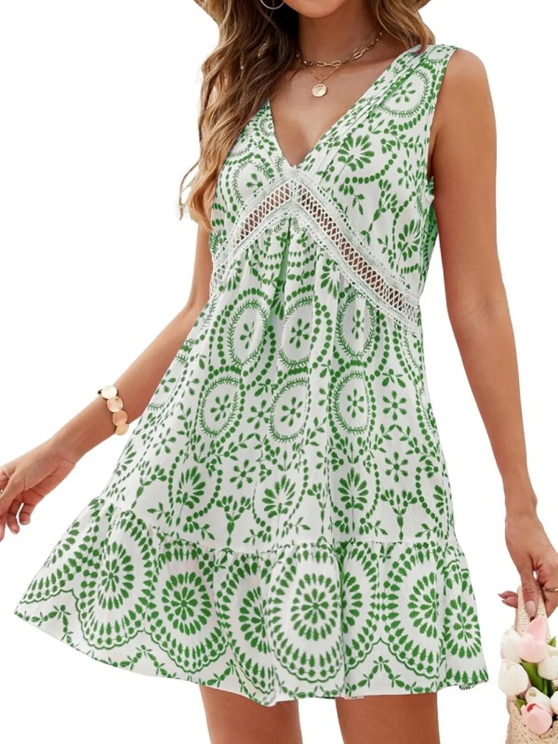 Printed V - Neck Sleeveless Mini Dress - MAD RUFFI