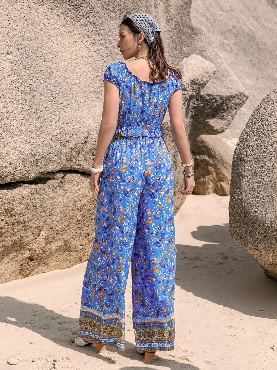 Printed V - Neck Top and Pants Set - MAD RUFFI