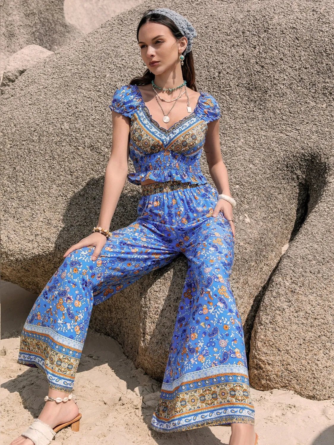 Printed V - Neck Top and Pants Set - MAD RUFFI