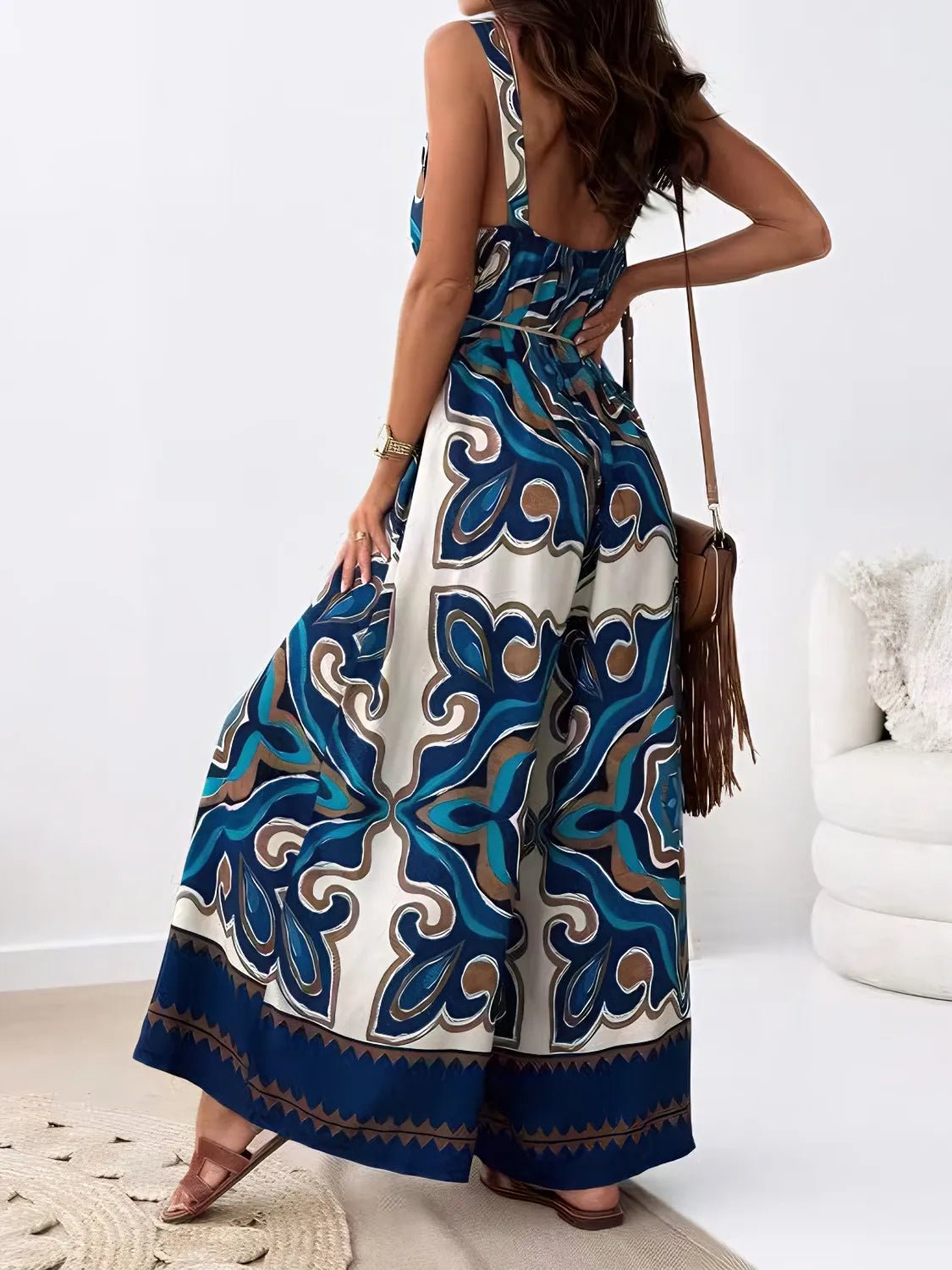 Printed V - Neck Wide Leg Jumpsuit - MAD RUFFI