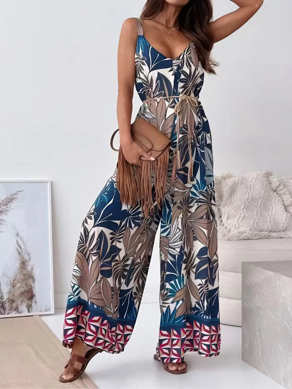 Printed V - Neck Wide Leg Jumpsuit - MAD RUFFI