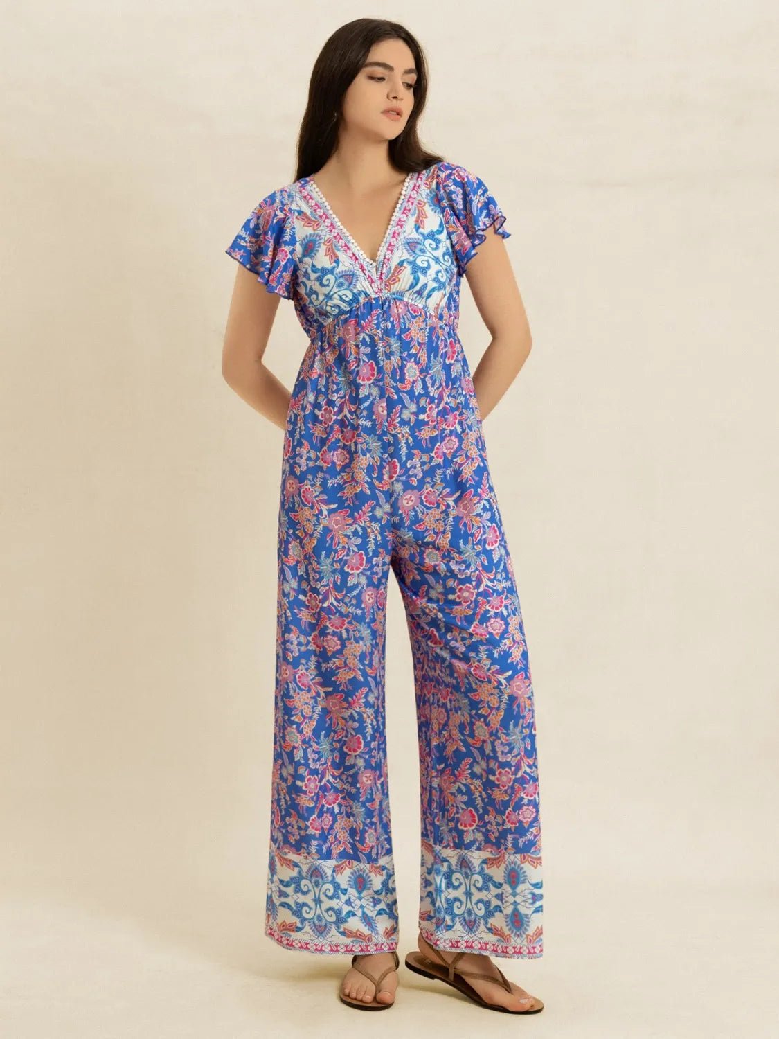 Printed V - Neck Wide Leg Jumpsuit - MAD RUFFI