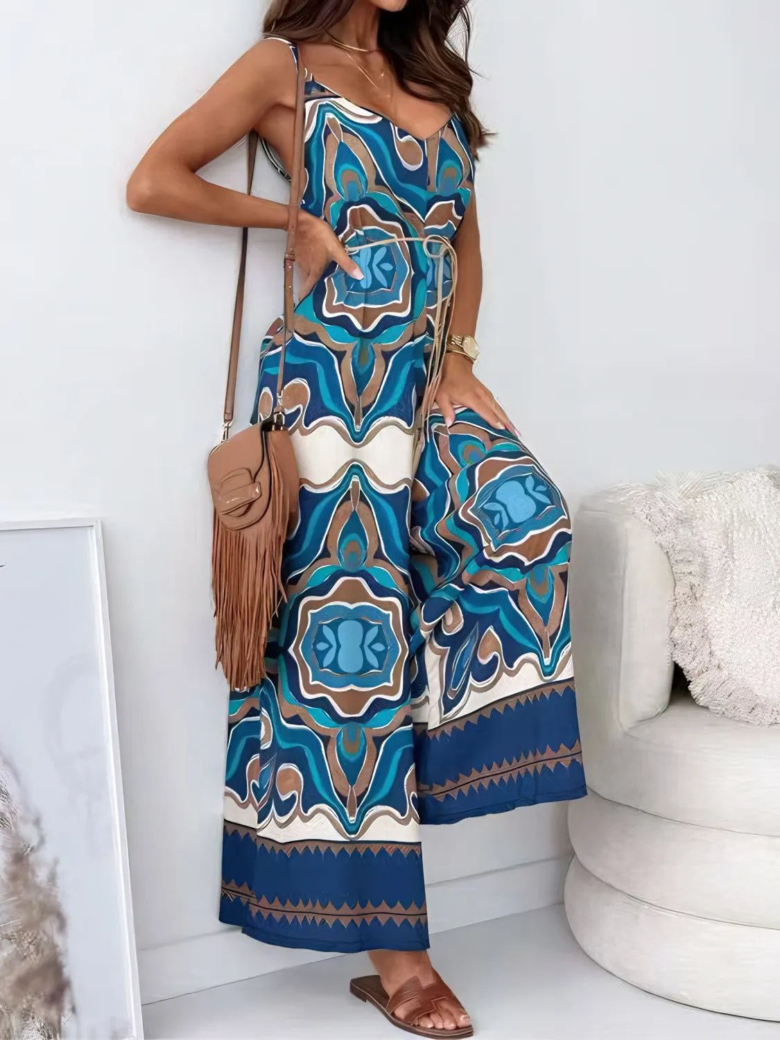 Printed V - Neck Wide Leg Jumpsuit - MAD RUFFI